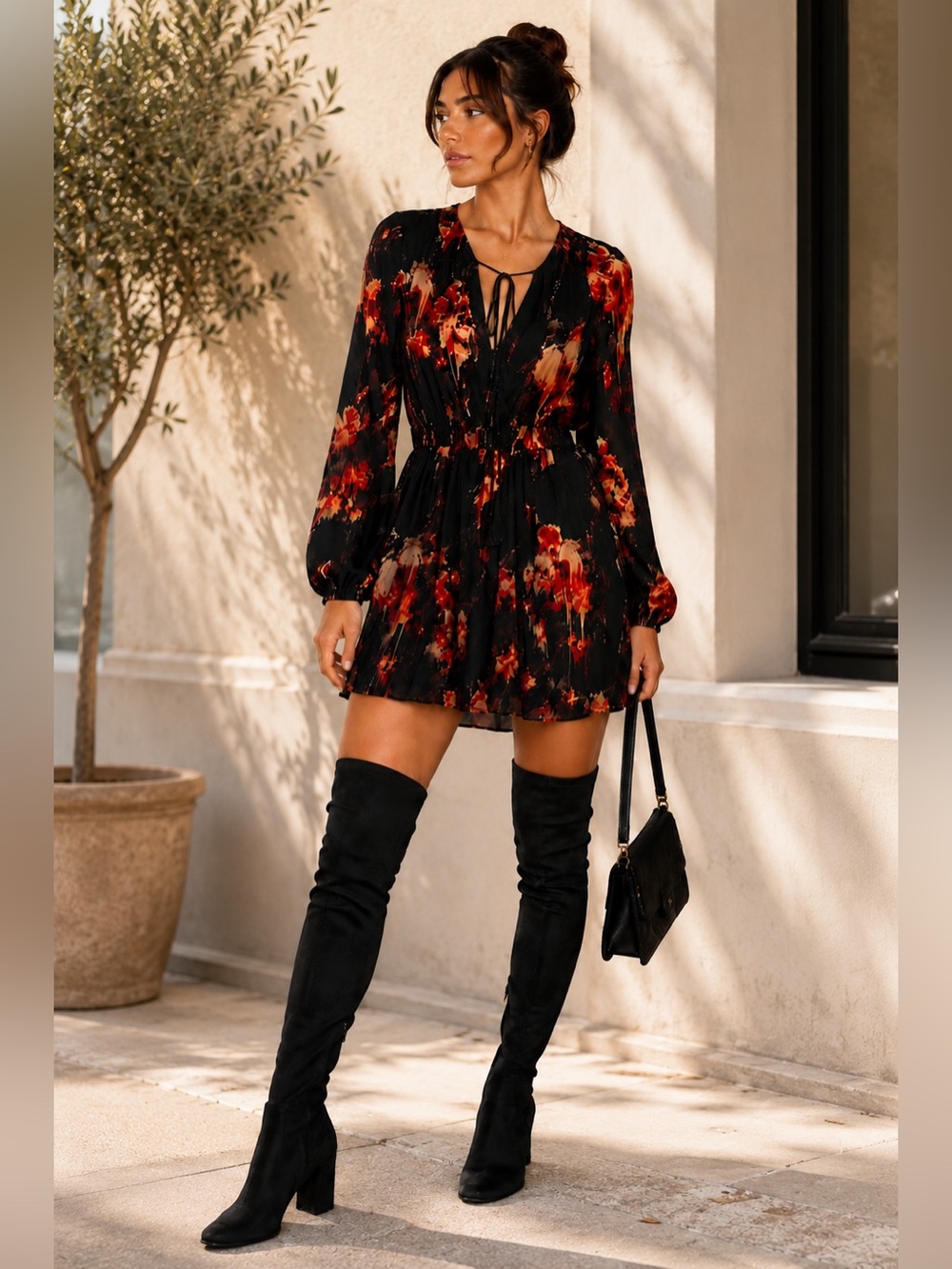 Aritzia Talula Black Mini Dress with Red & Rust Floral Print